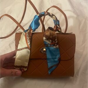 Mini bag, cognac color, with scarf and strap